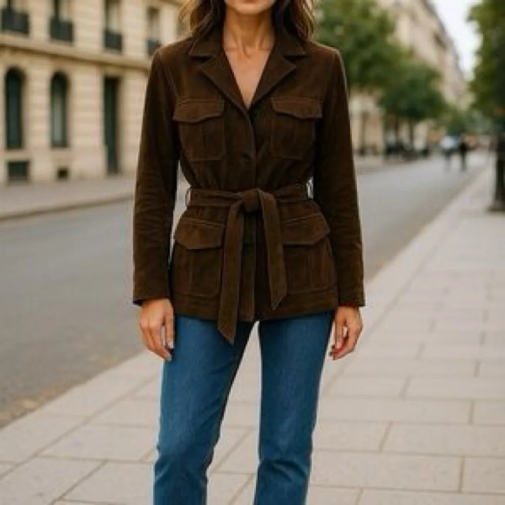Ann Taylor Olive Green/Brown Suede Belted Blazer Jacket 2 NWOT - Picture 2 of 9